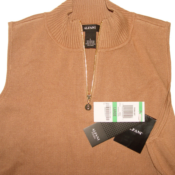 Alfani Prima Mock Neck Zip-Front Sleeveless Sweater L Camel Tan NWT - Picture 2 of 4